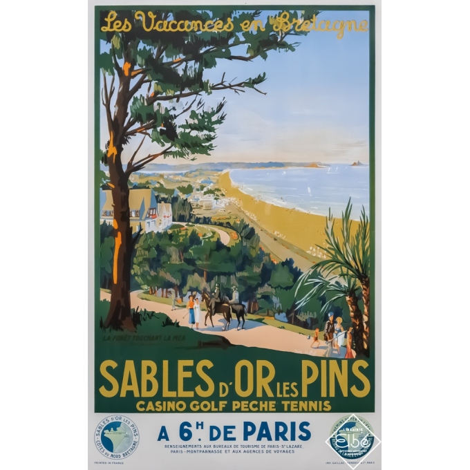 Vintage travel poster - Suzanne Hupot - Circa 1937 - Sables d'Or les Pins - 39,2 by 24,8 inches