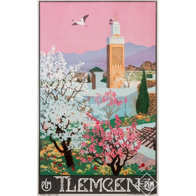 Affiche ancienne de voyage - Léon Carré - 1929 - Tlemcen PLM - Rose - 100 par 63 cm