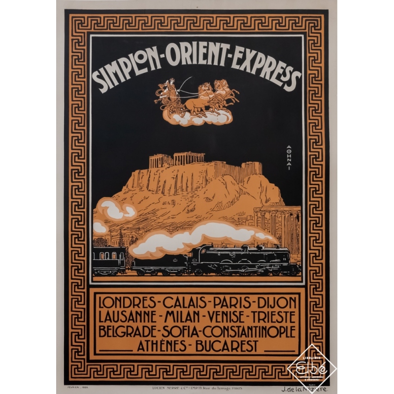 Affiche ancienne de voyage - J. de La Nézière - 1926 - Simplon Orient-Express - Athènes - 108,5 par 79,9 cm