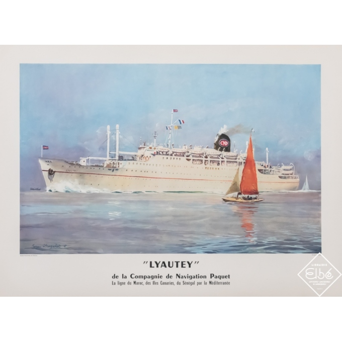 Vintage travel poster - Roger Chapelet - Circa 1950 - Compagnie de navigation Paquet - Lyautey - 29,9 by 22,2 inches