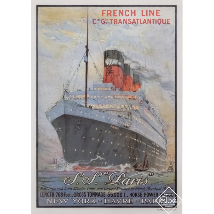 Vintage travel poster - Albert Sébille - Circa 1925 - French Line S.S Paris New-York Havre Paris  - 42,3 by 29,9 inches