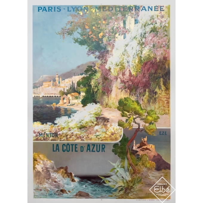 Affiche ancienne de voyage - Louis Lessieux - Circa 1900 - La côte d'azur- Menton-Eze-Cap Martin - 109 par 79 cm