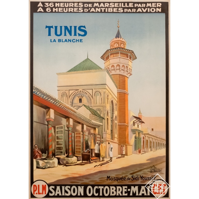 Affiche ancienne de voyage -  - 1920 - Tunis la blanche - Mosquée de Sidi Youssef - PLM - 108 par 78 cm