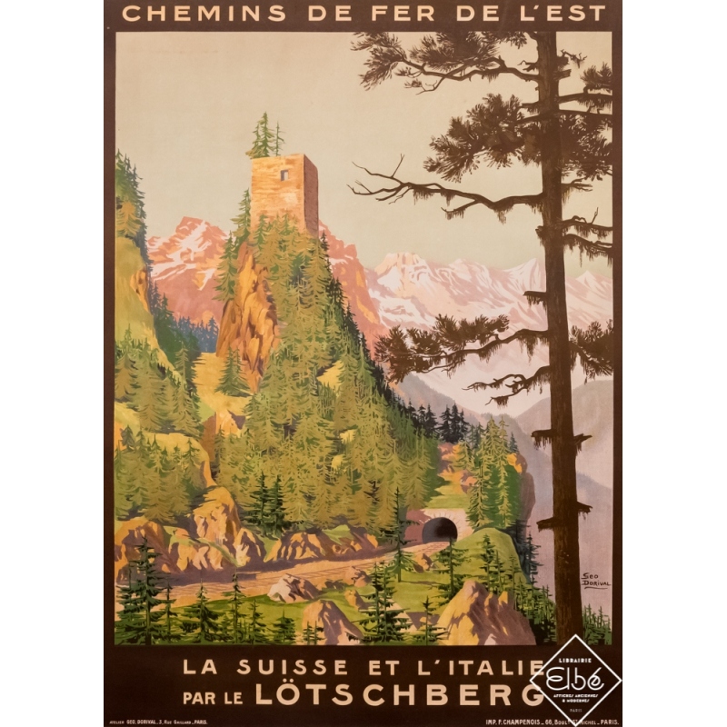 Vintage travel poster - Geo Dorival - Circa 1910 - La Suisse et l'Italie par le Lötschberg - 40,6 by 29,5 inches