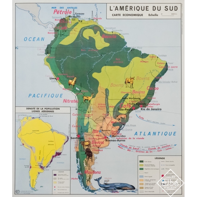 Affiche ancienne originale - J.Anscombre -  - Carte illustrée - L'Amérique du sud - carte économique - 90,5 par 79,5 cm