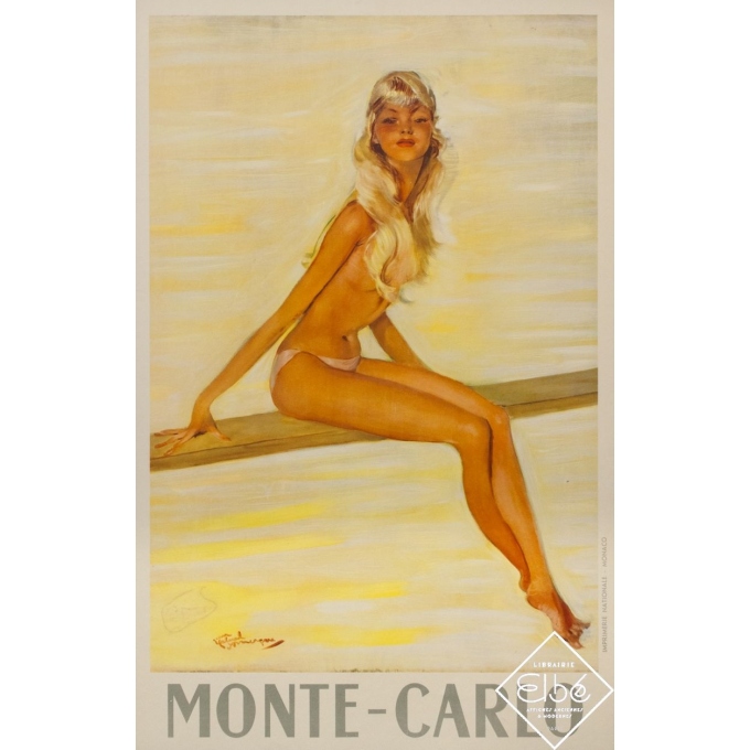 Vintage travel poster - J.G Domergue - Circa 1950 - Monte-Carlo - 39 by 25 inches