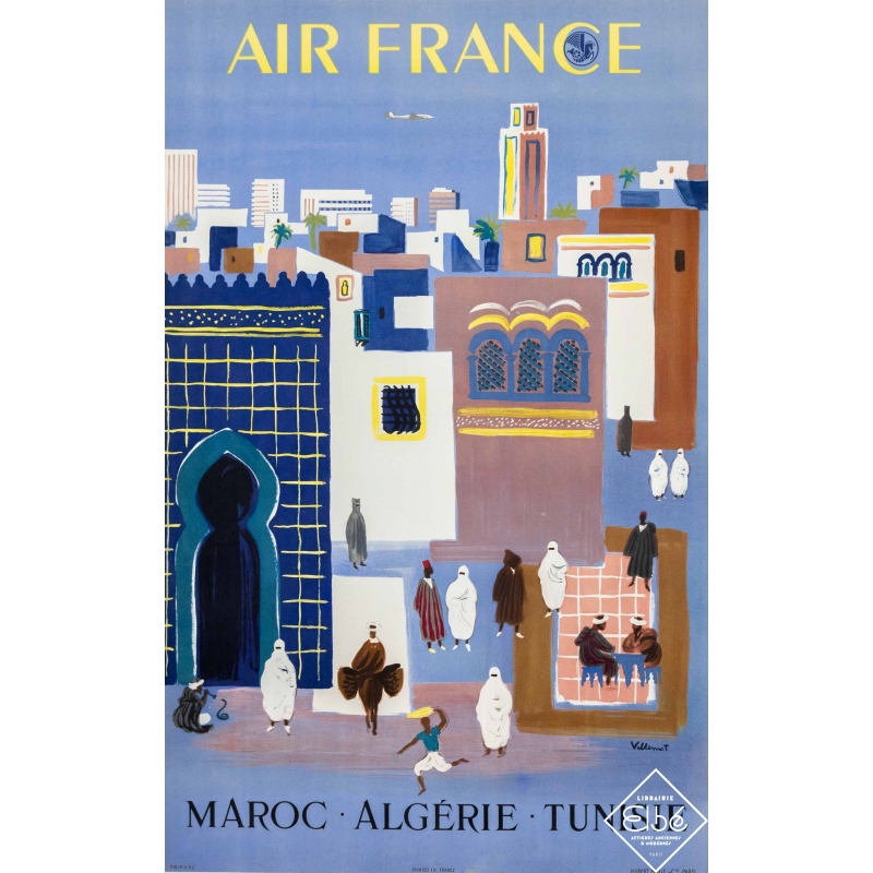 Vintage travel poster - Villemot - 1952 - Air France Tunisie Maroc - 39,4 by 23,6 inches
