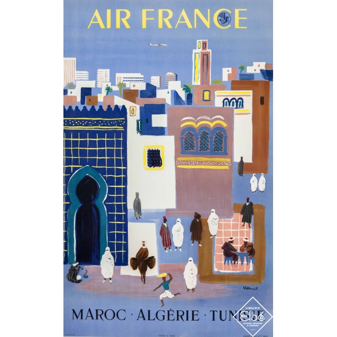 Vintage travel poster - Villemot - 1952 - Air France Tunisie Maroc - 39,4 by 23,6 inches