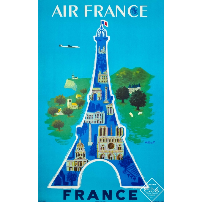 Affiche ancienne de voyage - Villemot - 1952 - Air France Paris - 100 par 60 cm