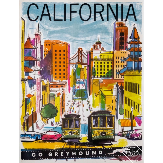 Affiche ancienne de voyage - Circa 1960 - California - Go Greyhound - 90,5 par 69 cm