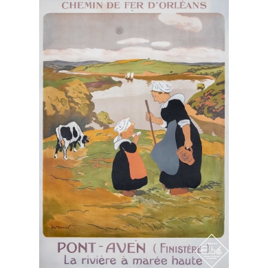 Vintage travel poster - Georges Meunier - 1914 - Pont-Aven la rivière à marée haute  - 40,6 by 28,9 inches