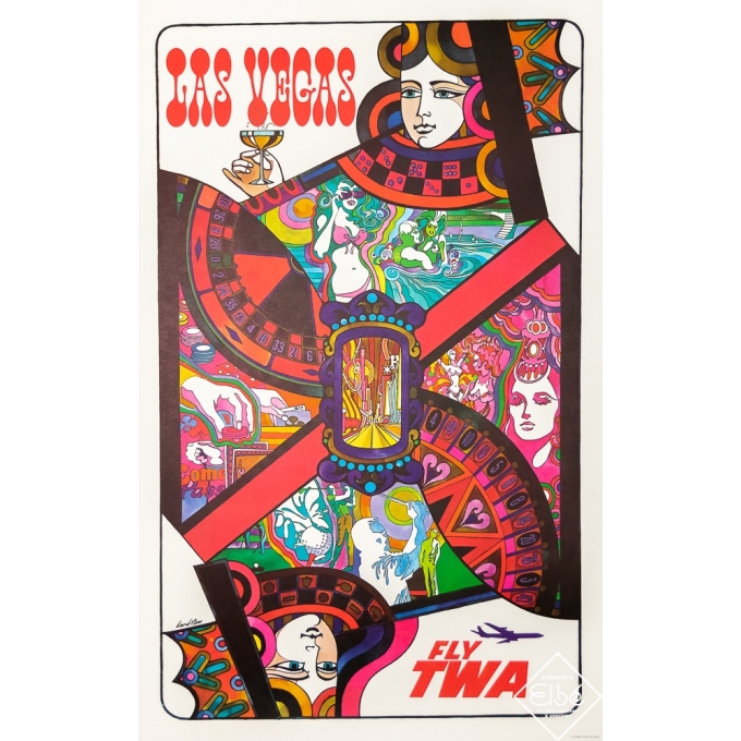 Affiche ancienne de voyage - Klein - 1960 - Fly TWA - Las Vegas - 101,5 par 64 cm