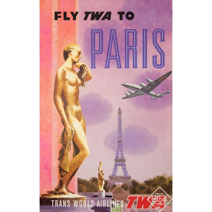 Affiche ancienne de voyage - David - 1960 - Fly TWA - Paris - 101,5 par 64 cm