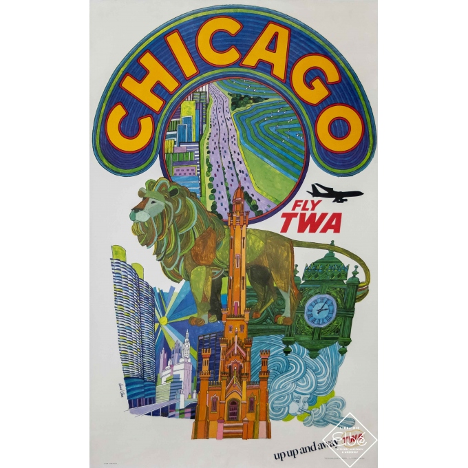 Affiche ancienne de voyage - David Klein - Circa 1960 - Fly TWA - Chicago - 102 par 63,5 cm
