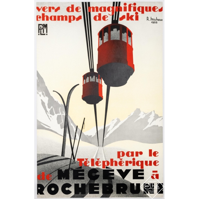 Affiche ancienne de voyage - R. Michaud - 1933 - Mégève à Rochebrune - 98 par 63 cm