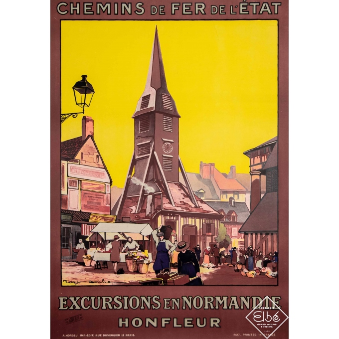 Affiche ancienne de voyage - Roger Soubie - 1927 - Honfleur - Normandie - 104,5 par 74 cm