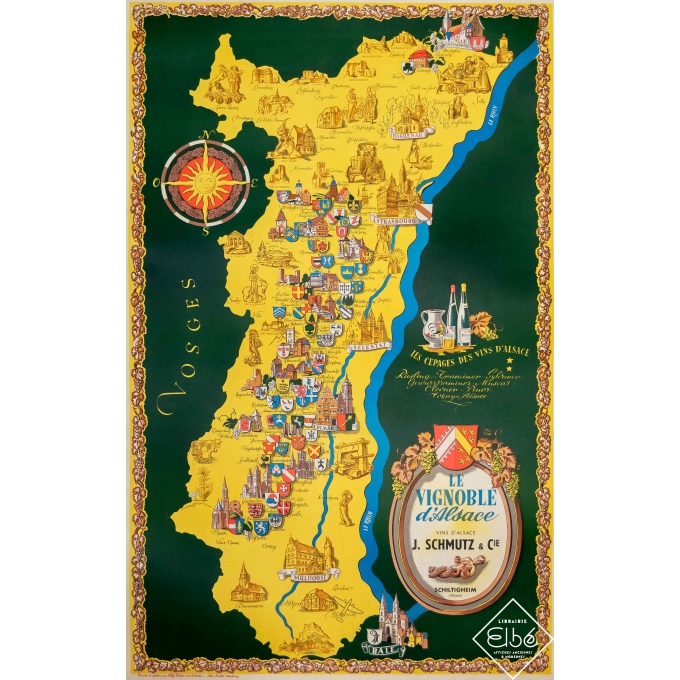 Affiche ancienne de publicité - Willy Fisher - Circa 1950 - Le Vignoble d'Alsace - Vins d'Alsace - 100,5 par 64 cm