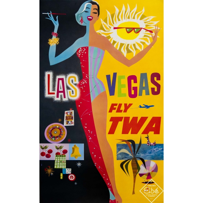 Affiche ancienne de voyage - D. Klein - Circa 1960 - Las Vegas - Fly TWA - 102,5 par 63 cm