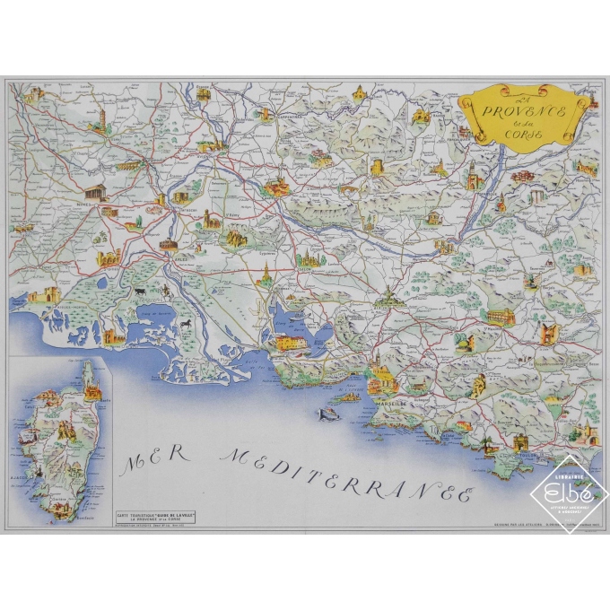 Affiche ancienne de voyage - Atelier O . Poisson Nice - 1955 - La Provence et la Corse Carte - 84 par 64,5 cm