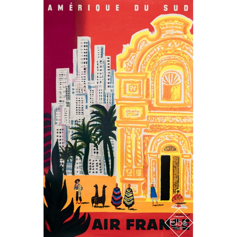 Affiche ancienne de voyage - Villemot - 1958 - Air France Amérique du sud - 100 par 60 cm