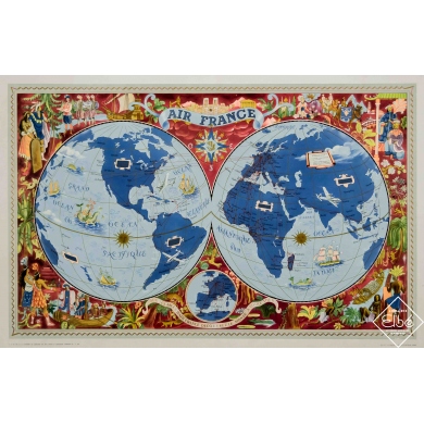 Affiche ancienne de voyage - Lucien Boucher - 1952 - Air France Planisphère - Sur les ailes d'air France - 108,5 par 70 cm