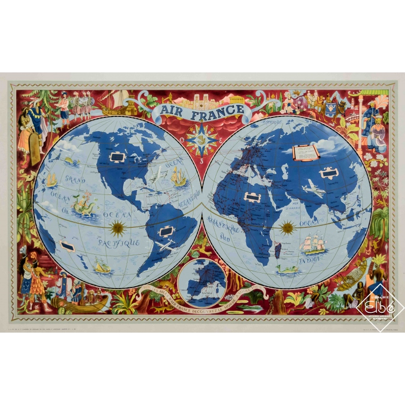 Affiche ancienne de voyage - Lucien Boucher - 1952 - Air France Planisphère - Sur les ailes d'air France - 108,5 par 70 cm