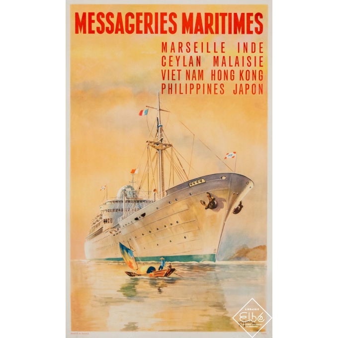 Vintage travel poster - J. des Gachons - 1958 - Messagerie maritimes - Océan indien océan pacifique - 38,4 by 23,4 inches