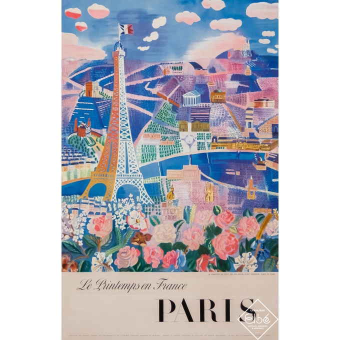 Affiche ancienne de voyage 1950 - Le printemps en France -Paris- Le paravent de Raoul Dufy - 99 par 63 cm