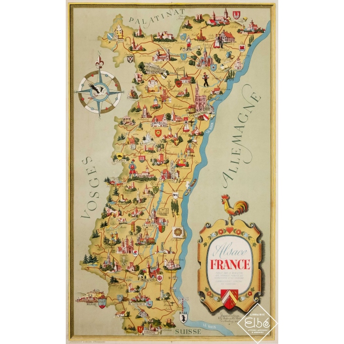 Affiche ancienne de voyage - Fischer et Kuntz - 1948 - Carte d'Alsace - 102 par 63,5 cm