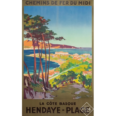 Affiche ancienne de voyage - Emile Paul Champseix - Circa 1925 - Hendaye Plage- La Côte Basque - 99 par 63 cm