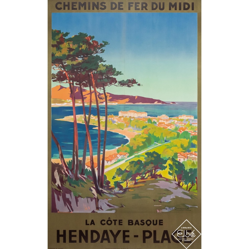 Affiche ancienne de voyage - Emile Paul Champseix - Circa 1925 - Hendaye Plage- La Côte Basque - 99 par 63 cm