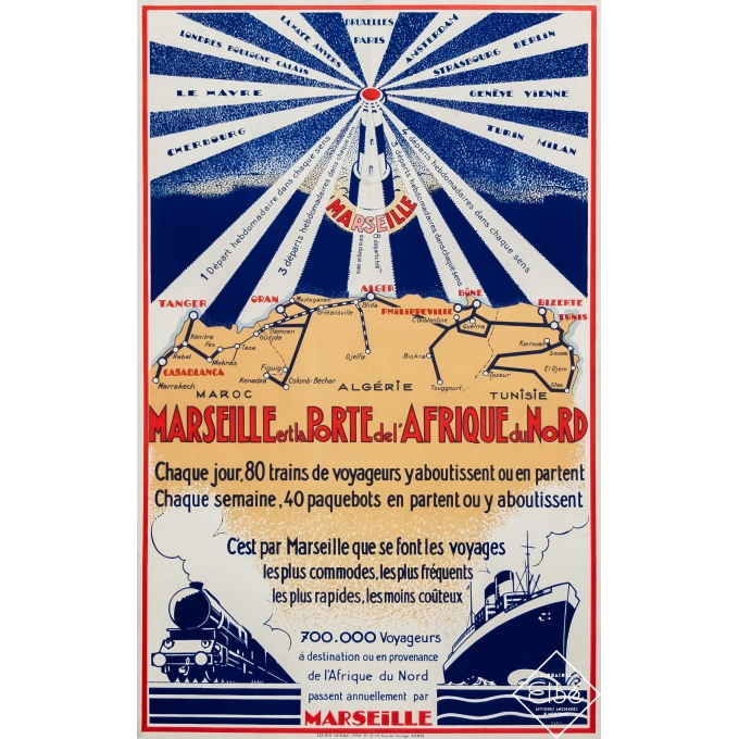 Affiche ancienne de voyage - Circa 1925 - Marseille est la Porte de l'Afrique du Nord - 100 par 63 cm