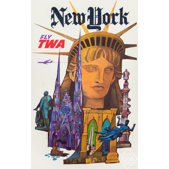 Affiche ancienne de voyage - David Klein - Circa 1960 - New York TWA - 63,5 par 40 cm