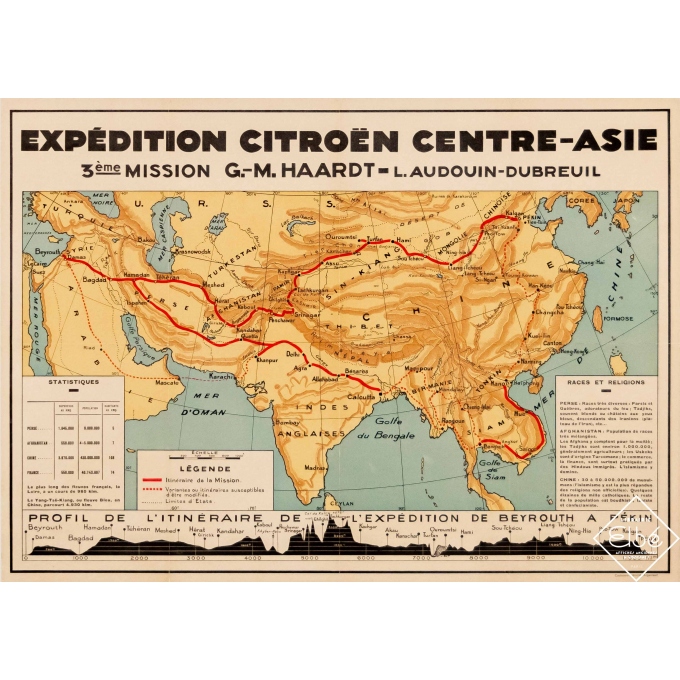 Affiche ancienne de publicité - 1932 - Carte Expedition Citroën - Centre Asie - 3ème Mission - 55 par 40 cm