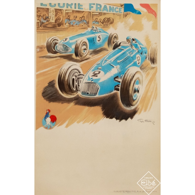 Affiche ancienne de publicité - Geo Ham - 1947 - Ecurie France - Course Automobile - 59,5 par 40 cm