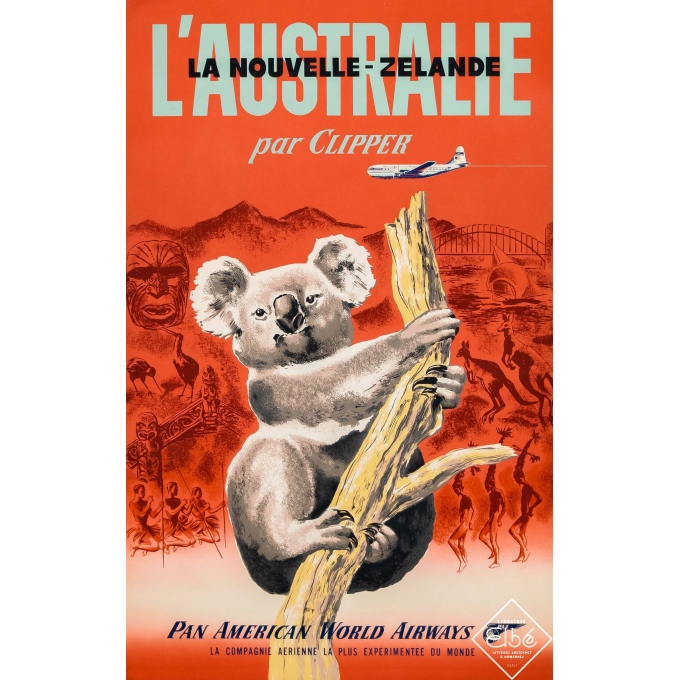 Affiche ancienne de voyage - Circa 1950 - Pan American World Airways - l'Australie - la Nouvelle Zelande - 100,5 par 63,5 cm