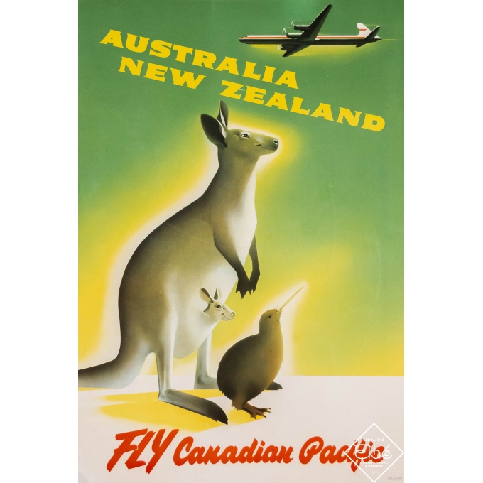 Affiche ancienne de voyage - Circa 1950 - Australie - Nouvelle Zelande - Fly Canadian Pacific - 91 par 61,5 cm