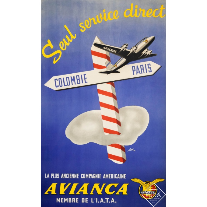 Affiche ancienne de voyage - Circa 1950 - Avianca - Colombie - Paris - 100,5 par 62 cm