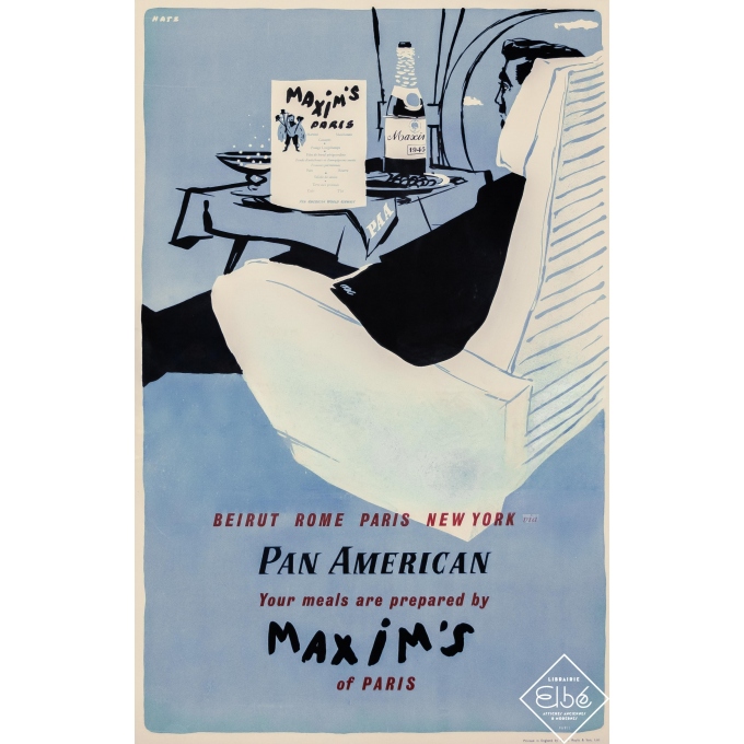 Affiche ancienne - Hatz - Circa 1945 - Pan American Airways Maxim's of paris - Beyrouth Rome Paris New-York - 95,5 par 61 cm