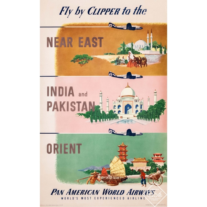 Affiche ancienne de voyage - 1951 - Pan American World Airways - Asia Near East - India and Pakistan - Orient - 101,5 par 63 cm
