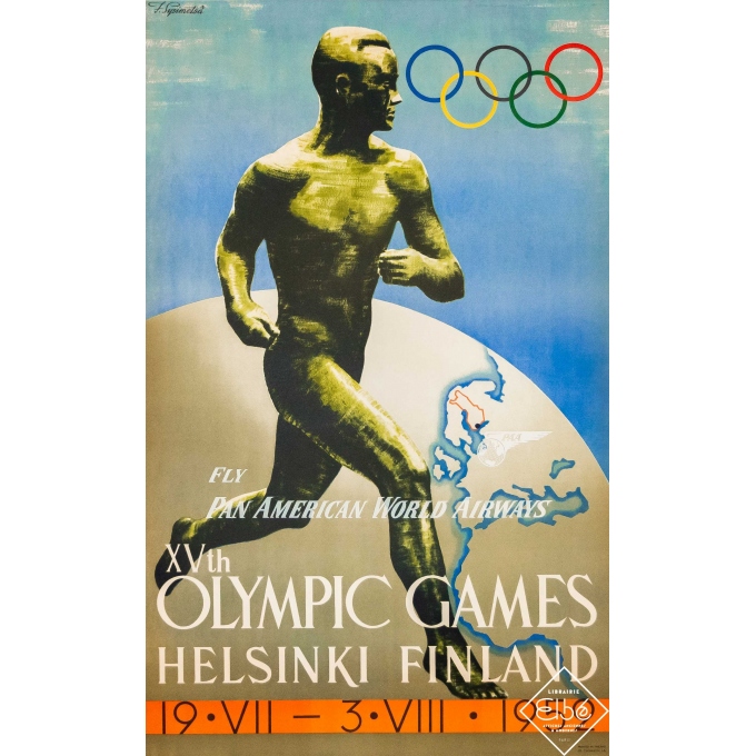 Affiche ancienne - F. Sysimetsa - 1952 - Pan American World Airways - 15eme Olympics Games - Helsinki - 99,5 par 62 cm