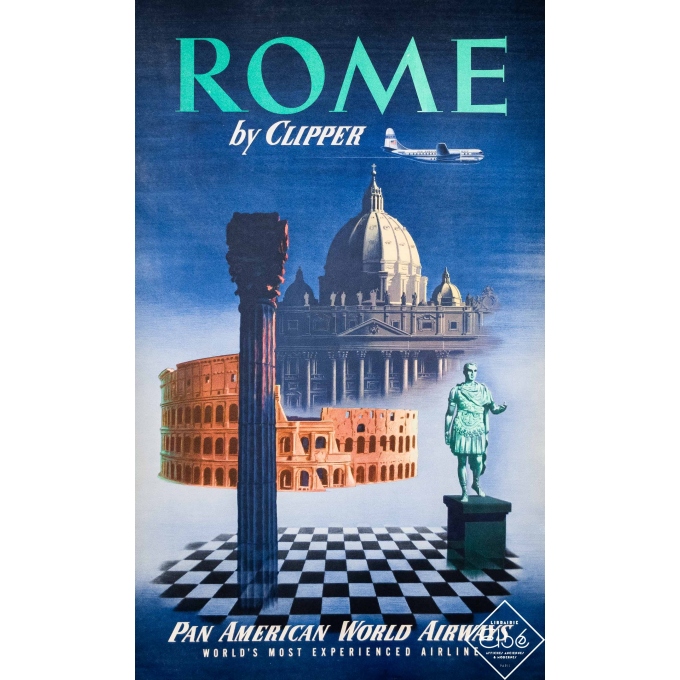 Affiche ancienne de voyage Circa 1950 - Pan American World Airways - Rome - 102,5 par 62,5 cm