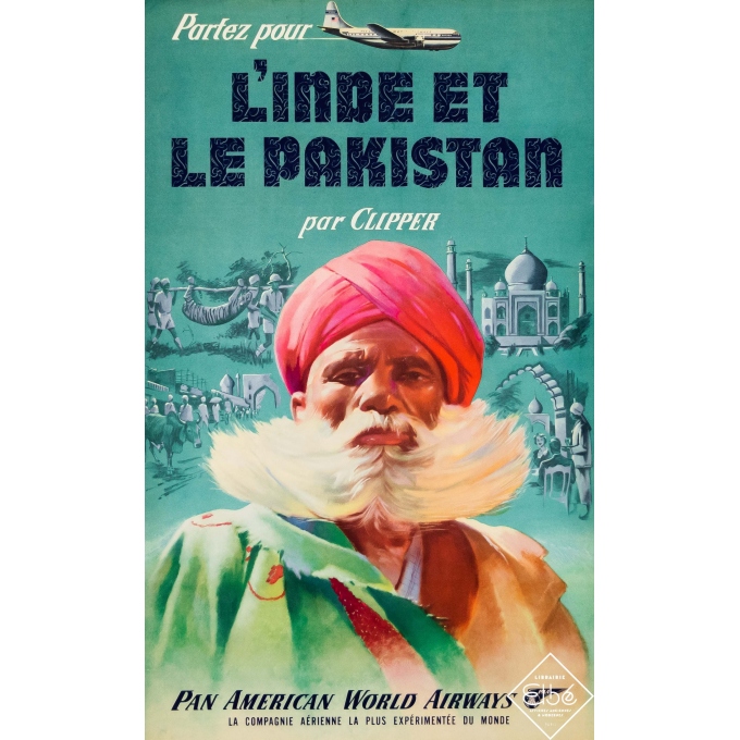 Affiche ancienne de voyage - Circa 1950 - Pan American Airways - Inde et le Pakistan par Clipper - 102,5 par 63 cm