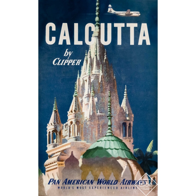 Affiche ancienne de voyage - Circa 1950 - Calcutta - Pan American - 102 par 62,5 cm