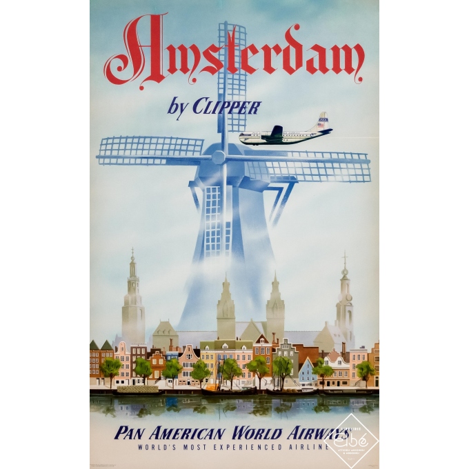 Affiche ancienne de voyage - 1951 - Amsterdam by Clipper - Pan American - 102 par 63 cm
