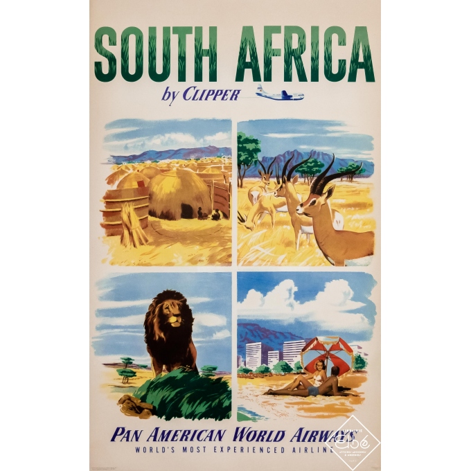 Affiche ancienne de voyage - 1951 - South Africa by Clipper - Pan American - 102 par 62,5 cm