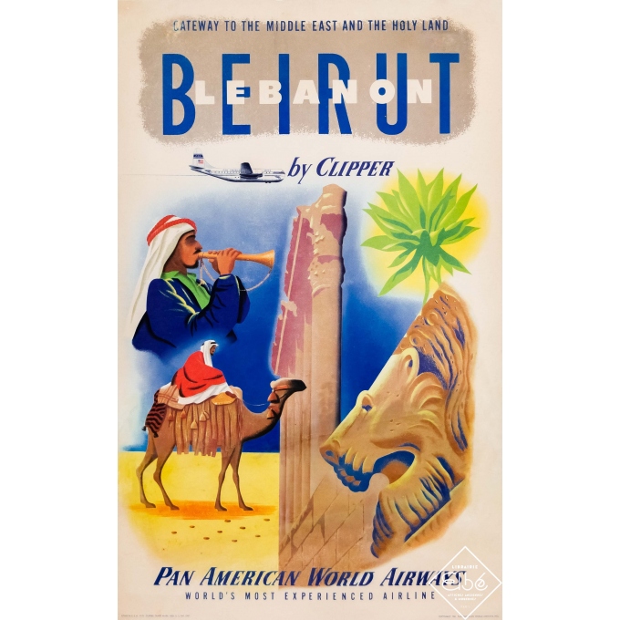 Affiche ancienne de voyage - 1951 - Lebanon Beirut - Liban - Pan American - 100 par 62 cm