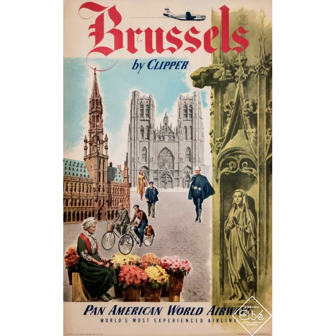 Affiche ancienne de voyage - 1951 - Brussels - Pan American - 101 par 63 cm
