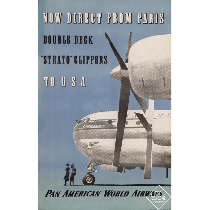 Affiche ancienne de voyage - Henrion - Circa 1950 - Now direct from Paris - Strato Clipper to USA Pan American - 95 par 61 cm