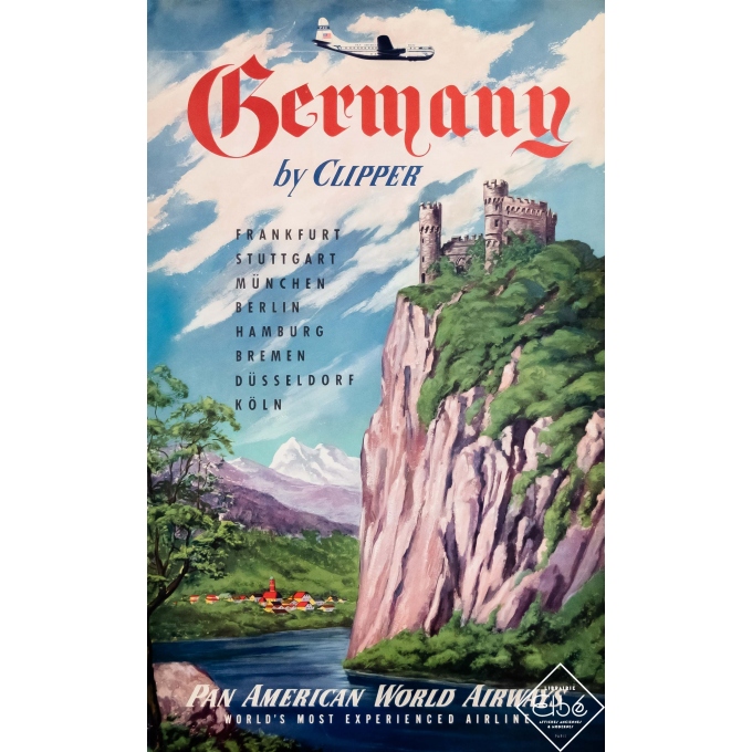 Vintage travel poster - Circa 1950 - Germany by Clipper - Pan American - 40,2 by 24,8 inches